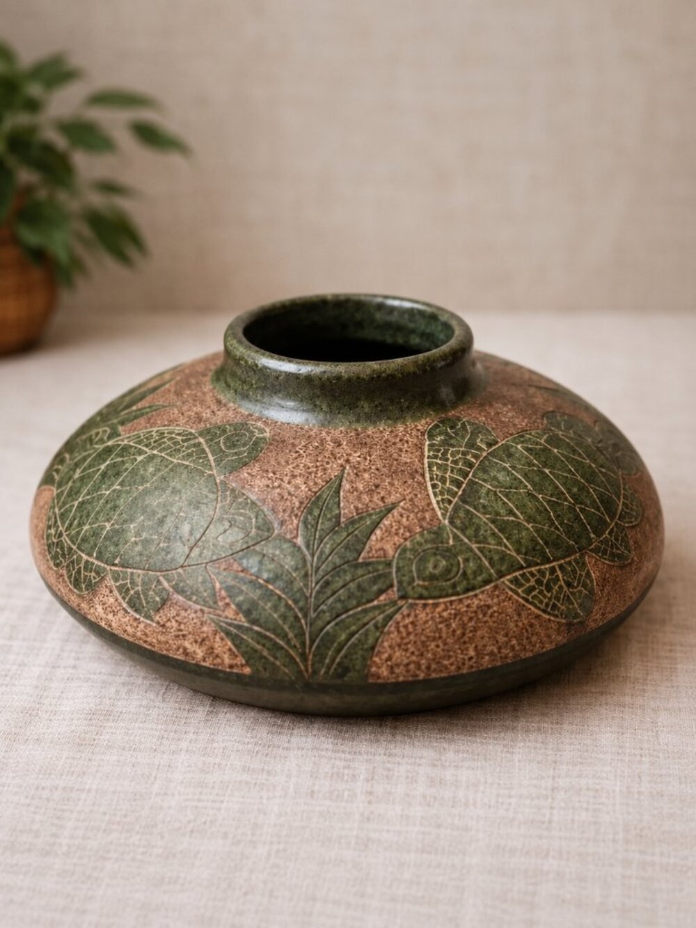 Vintage Studio Art Pottery Turtle Vase Sgraffito Green Brown Stoneware